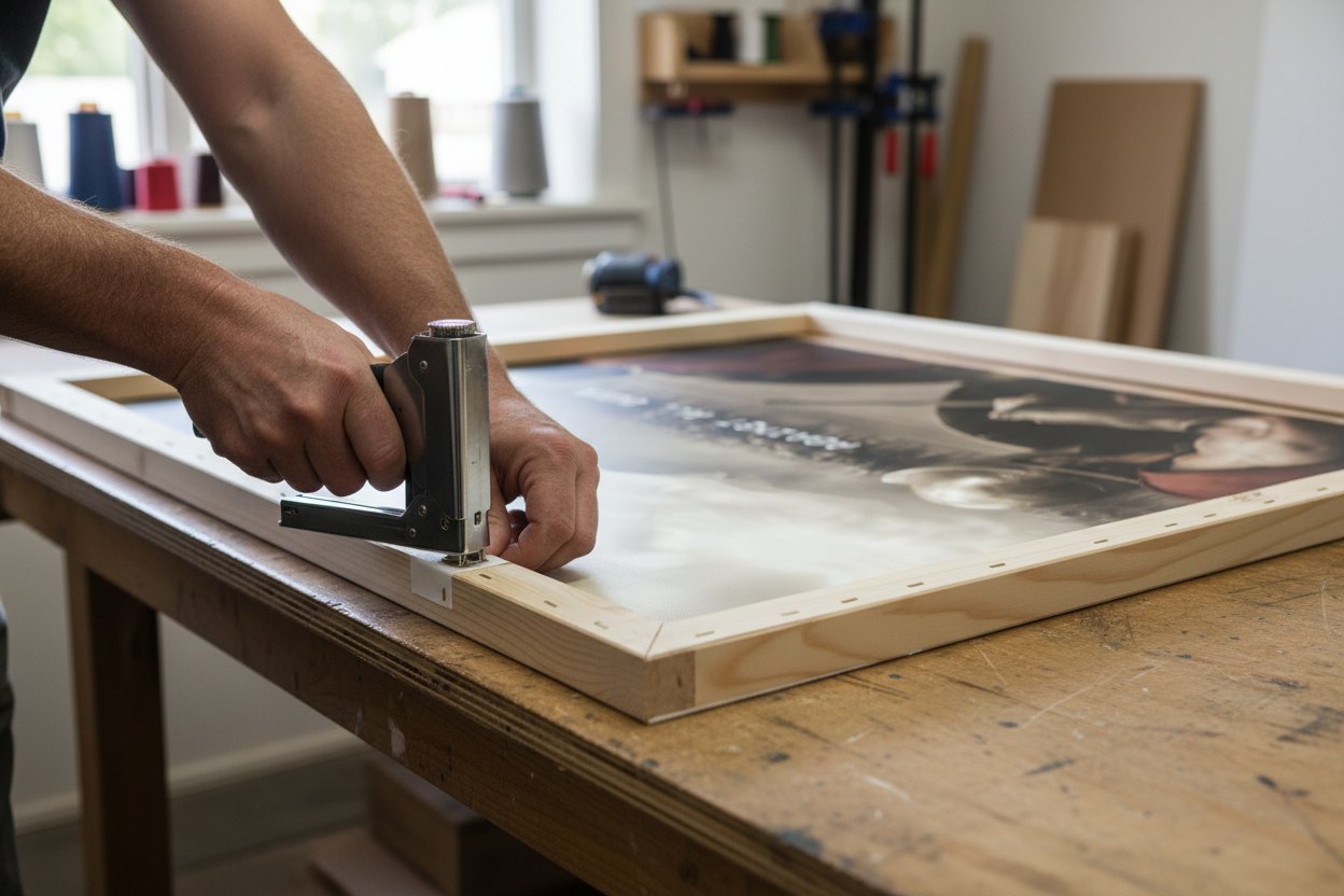A canvas being hand-stretched in the Lisbon workshop